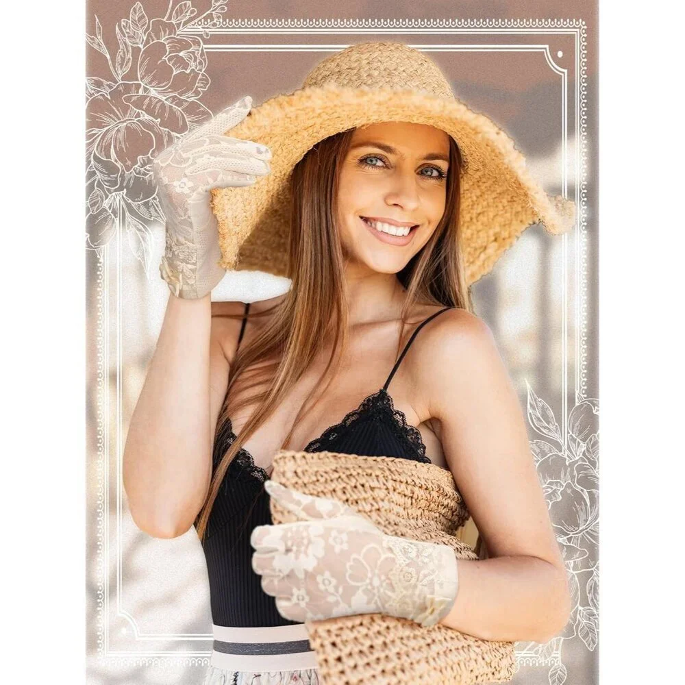 Women's Beige Short Floral Finger Less Nylon Halloween Cosplay Lace Gloves